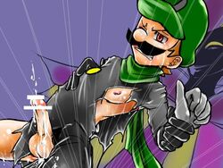 bar_censor censored cumshot dimentio erect_nipple erection exposed_nipple gloves hat luigi mario_(series) mr._l mustache nintendo one_eye_closed paper_mario penis pointless_censoring scarf super_paper_mario testicles torn_clothing