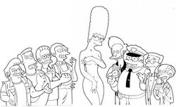 apu_nahasapeemapetilon chief_wiggum clothing doughnut female human line_art male marge_simpson moe_szyslak monochrome montgomery_burns multiple_males ned_flanders nudity rainier_wolfcastle snake the_simpsons waylon_smithers