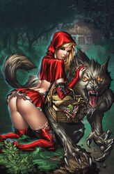 anthro anthro_on_female anthro_on_human beauty_mark big_bad_wolf drooling eric_basaldua fangs female_on_anthro feral forest gloves glowing_eyes human human_on_anthro little_red_riding_hood no_panties outdoors picnic_basket thigh_boots very_short_skirt werewolf wolf yellow_eyes