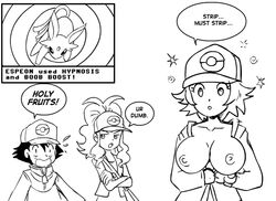 1boy 2girls areola baseball_bat bindi black_and_white breast_expansion breasts cleavage clothes dialog eeveelution english_text espeon female female_pokemon_protagonist game_freak hair hat hilbert_(pokemon) hilda_(pokemon) human hypnosis hypnosis_(pokémon_move) interspecies line_art male mind_control monochrome multiple_females nintendo nipples nude open_eyes open_mouth p.chronos pokemon pokemon_(species) pokemon_bw pokemon_gsc pokemon_protagonist pokephilia round_ears rule_63 satoshi_(pokemon) short_hair source_request speech_bubble text voluptuous white_background