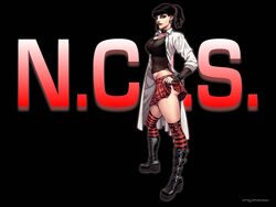 abby_sciuto black_bra black_hair boots bra female fishnets goth goth_girl green_eyes kiwine lab_coat lipstick ncis pauley_perrette red_lipstick skirt skirt_lift solo spiked_bracelet spiked_collar striped_stockings twintails