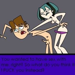 1boy 1girls cody_(tdi) femdom goth gwen_(tdi) imminent_pegging imminent_rape malesub misunderstanding pegging penis puberty pubic_hair strap-on testicles total_drama_island