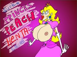 1girls big_breasts blonde_hair blue_eyes breasts breasts_bigger_than_head breasts_out clothing crown dress earrings elbow_gloves female female_only gloves huge_breasts large_breasts light-skinned_female light_skin lips lipstick mario_(series) nintendo nipples parody pink_dress princess_peach red_lipstick solo super_princess_peach text what white_gloves