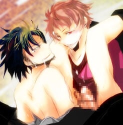 2boys ao_no_exorcist blush bottomless censored censored_genitalia censored_penis gay heavily_censored male male_only mosaic_censoring shima_renzo suguro_ryuji sweat yaoi