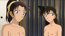 2girls blue_eyes breasts brown_hair detective_conan female female_only green_eyes hair_ribbon human kazuha_toyama large_breasts long_hair multiple_girls nipples nude pale-skinned_female pale_skin pointy_chin ran_mouri tagme wide-set_eyes