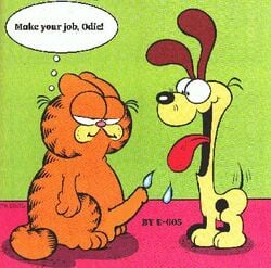 2boys duo english_text erection garfield_(series) garfield_the_cat imminent_sex male male_only odie open_mouth penis simple_background sitting text tongue tongue_out yaoi