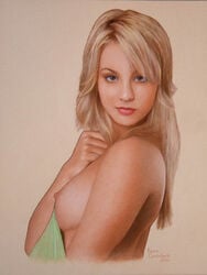 blonde_hair breasts detailed ernie_centofanti female female_only human kaley_cuoco looking_aside pale_skin realistic side_view solo tagme