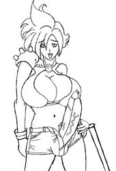 1futa balls bimbo breasts cleavage cloud_strife cloudette_strife final_fantasy final_fantasy_vii front_view futa_only futanari hourglass_figure intersex monochrome navel penis rule_63 shorts solo standing testicles thunder_head voluptuous