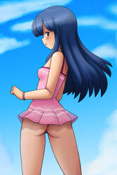 ass back_view blue_hair clothes color cryptobiosis dawn_(pokemon) day female female_only hair human long_hair looking_back outdoors pokemon solo standing tagme tsumitani_daisuke