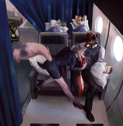 aircraft airplane anthro bed bedding being_watched bent_over black_bottomwear black_clothing black_fur black_topwear blanket button_(fastener) canine chair cheek_tuft closed_eyes clothed clothing crocodile crocodilian curtains day dress_shirt duo duo_focus english_text erection exhibitionism female fist footwear fox fully_clothed fur green_eyes grey_hair group hair hand_on_penis high_heels inner_ear_fluff inside leaning leaning_forward licking male mammal mensies multicolored_hair multicolored_tail open_mouth oral penis penis_grab penis_lick pillow porthole public reclining red_fur red_hair reptile scalie sex shirt shoes sitting smile spread_legs spreading straight tan_fur text tongue tongue_out trunchbull tuft two_tone_hair vest voyeur white_clothing white_fur white_topwear