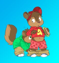 alvin_and_the_chipmunks alvin_seville anthro brown_fur chipmunk clothed clothing front_view male male_only pantsing partially_clothed standing tagme theodore_seville toony