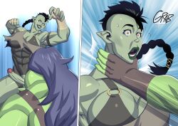 2futas abs balls big_breasts big_penis black_hair black_hair_bottom blue_hair blue_hair_on_black_hair blue_hair_top braided_ponytail breasts domination duo erect_penis erection fight futa_only futanari grabbing_neck green_skin humanoid leaping light_hair_on_dark_hair long_hair mohawk muscular muscular_futanari orc orc_futanari penis ponytail suprised thick_thighs van_brand_artworks vanbrand yellow_eyes