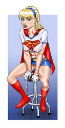 beltskirt blonde_hair blue_eyes dc female gloves legs linda_danvers long_hair magnificent_bastard miniskirt navel nipples_visible_through_clothing no_panties pubic_hair pussy red_boots sitting_down skirt stool supergirl thighs upskirt white_shirt yellow_belt