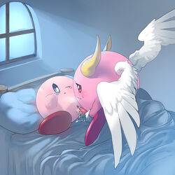 bed blue_eyes color cum eye_contact female galacta_knight horns indoors kirby kirby_(series) looking_at_another male nude penis pillow pink_skin red_eyes rule_63 sex straight tagme tear vaginal_penetration vulva wings wink