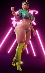 3d 3d_(artwork) belly_button big_breasts boots bracelet busty capcom chun-li chun-li_(cover_girl) clenched_fist earrings female female_only hair_bun high_heel_boots high_heels hoop_earrings huge_ass huge_butt human human_only jacket keyd10iori large_ass large_butt looking_away no_pants pantsless pole repinscourge snoopz solo solo_female street_fighter street_fighter_6 stripper stripper_pole thick_thighs thong underwear unzipped voluptuous zipper