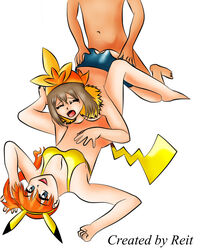 1boy 2girls blue_eyes brown_hair cosplay female from_behind human human_only kasumi_(pokemon) male may_(pokemon) multiple_girls nintendo orange_hair pikachu_(cosplay) pokemon pokemon_(cosplay) reit satoshi_(pokemon) sex straight torchic_(cosplay) white_background