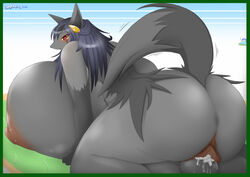 anthro areolae ass backboob black_fur breasts dawn_(pokemon) female furry grey_fur huge_ass huge_breasts large_areolae male mightyena pokemon sex wide_hips ymbk