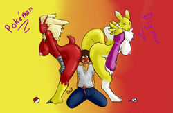 anthro blaziken color crossover desbjust digimon female fur furry human interspecies male multiple_females pokemon pokemon_(species) renamon straight