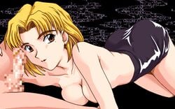 1girls akira_asagi blonde_hair breasts brown_eyes censored cleavage clothing faceless_male female gainax human large_breasts light-skinned_female light_skin looking_at_viewer mole mole_under_eye neon_genesis_evangelion penis ritsuko_akagi scientist short_hair skirt tagme