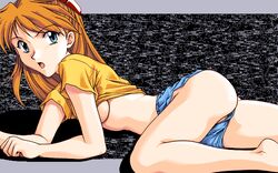 1girls akira_asagi ass asuka_langley_sohryu blue_eyes clothing female long_hair looking_at_viewer neon_genesis_evangelion orange_hair shorts small_breasts tagme