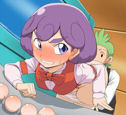 1boy1girl 1girls alternate_version_available anal_beads blue_eyes blush burgundy_(pokemon) cabernet_(pokemon) cilan_(pokemon) clenched_teeth dent_(pokemon) green_hair gym_leader jouwan panties panties_down panty_pull pokemon pokemon_(anime) pokemon_bw purple_hair sex short_hair short_purple_hair underwear