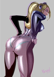 1girls ass back_view blonde_hair bodysuit dat_ass erect_nipples female female_only hussard-yr jpeg nova_(starcraft) november_terra ponytail signature simple_background solo standing starcraft