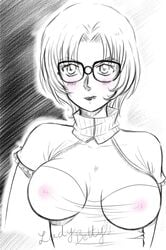 1girls american blush breasts detective_conan female glasses human jodie_starling lady_betty large_breasts monochrome nipples short_hair solo tagme