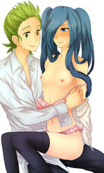 a-suke_(kurata) beige_skin blue_eyes blue_hair blush bra breasts cilan_(pokemon) closed_eyes clothes color cress_(pokemon) female green_eyes green_hair hair hair_over_one_eye human long_hair male nipples open_eyes panties pokemon pokemon_bw round_ears rule_63 sitting small_breasts white_background