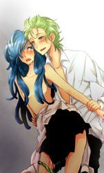 a-suke_(kurata) beige_skin blue_hair blush breasts cilan_(pokemon) clothes color cress_(pokemon) crying female green_hair hair human incest long_hair male nipples open_clothes open_mouth pokemon pokemon_bw round_ears rule_63 short_hair standing tagme tear topless