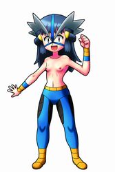 bad_id belt blue_hair breasts cosplay crasher_wake darkshadow dawn_(pokemon) female gym_leader_(cosplay) nintendo pants pokemon pokemon_dppt rorretsim small_breasts topless