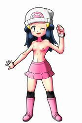 beanie beige_skin big_head blue_eyes blue_hair blush boots bracelet breasts clothes color dawn_(pokemon) female female_only fist footwear front_view hair hat human looking_at_viewer nipples open_mouth pokemon poketch rorretsim skirt small_breasts smile socks solo standing topless white_background wink