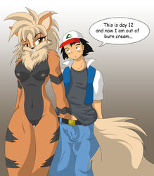 1boy 1boy1girl 1girls anthro arcanine ash_ketchum breasts brown_eyes clothes color female front_view fur furry hat human interspecies male nipples nude pokemon pokemon_(species) pokephilia satoshi_(pokemon) standing straight tagme vulva yiffmasters