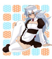 1boy blush disgaea disgaea_4 fenrich grey_hair long_hair maid maid_headdress maid_uniform pointy_ears solo tail thighhighs werewolf yellow_eyes