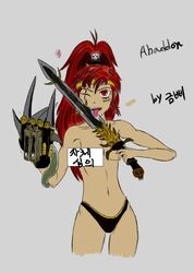 1girls abaddon_the_despoiler black_legion black_panties breasts censored chaos_(warhammer) chaos_space_marine character_name color female female_only female_space_marine front_view grey_background hair holding holding_sword licking looking_at_viewer open_eyes overhand_grip panties red_eyebrows red_eyes red_hair rule_63 scar solo solo_female sword thighs warhammer_(franchise) warhammer_40k weapon wink