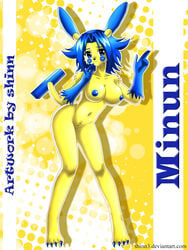 1girls anthro blue_fur blue_nipples breasts color exposed_breasts female female_only fur furry furry_breasts minun nipples nudity pokemon pokemon_(species) shinn solo yellow_fur