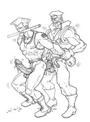 2boys anal bara biceps boots capcom cum cum_drip drooling erect_nipples gag guboy guile hat human male male_only monochrome multiple_boys multiple_males muscle muscles nipples partially_clothed pecs penis precum pubic_hair restrained rolento scar standing street_fighter tattoo testicles yaoi