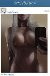 bikini breasts cellphone cleavage elbow_gloves female gloves instagram kaihlan lady_death large_breasts latex long_hair micro_bikini navel pale_skin selfie solo standing white_hair