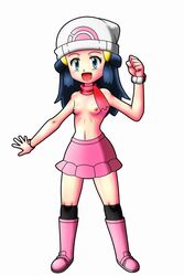 beanie beige_skin big_head blue_eyes blue_hair blush boots bracelet breasts clothes color dawn_(pokemon) female female_only fist footwear front_view hair hat human looking_at_viewer nipples open_eyes open_mouth pokemon poketch rorretsim scarf skirt small_breasts socks solo standing topless white_background