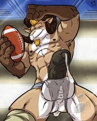 2012 abs balls biceps clothing dripping facial_hair football furry goatee jockstrap k-9 locker_room looking_at_viewer male male_only muscles no_humans pecs penis precum ram rammy_aaron solo torn_clothing uncut underwear