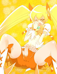 1futa blonde_hair clothing cure_sunshine flat_chest futanari heartcatch_precure! intersex magical_girl marusa myoudouin_itsuki open_mouth pretty_cure shorts solo tagme torn_clothes twintails yellow_background yellow_theme