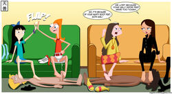 2boys 4girls candace_flynn cum cum_on_feet dialogue disney disney_channel faceless_male female footjob human jenny_brown jeremy_johnson male orange_hair panties penis phineas_and_ferb stacy_hirano straight tenzen toejob upskirt vanessa_doofenshmirtz white_panties