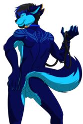 1boy alpha_channel anthro ass balls black_hair blue_eyes blue_fur blue_hair canine collar djwolf facial_hair fur goatee hair half-closed_eyes hand_on_ass leash male male_only mammal nude presenting sapphwolf simple_background smile solo transparent_background wolf