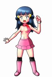 beige_skin big_head blue_eyes blue_hair blush boots bracelet breasts clothes color dawn_(pokemon) female female_only fist footwear front_view hair human looking_at_viewer microskirt nipples open_eyes open_mouth pokemon poketch rorretsim scarf skirt small_breasts socks solo standing topless white_background