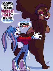 2011 aeolus06 anthro bent_over big_hair blue_fur brown_fur brown_hair bunny bunny_ears buster_bunny carrie_wabeet cottontail cum cum_drip eyeshadow female fluffy_tail from_behind fur furry gritted_teeth hair_band humanoid lagomorph larger_female long_ears looking_back looking_pleasured male mammal paw paws pleasure_face rabbit sex short_tail signature size_difference slb smaller_male smile source_request speech_bubble straight thick_bottom_lip tiny_toon_adventures toony