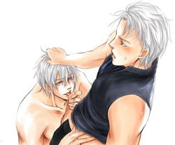 2boys 2d 2d_artwork blank_background blue_eyes blush brothers clothed_on_nude color dante devil_may_cry fellatio gay gay_sex hair incest male_only multiple_boys oral penis smile tongue twincest twins uncensored vergil white_hair yaoi