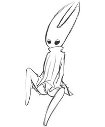 clothed clothing dress empty_eyes featureless_limbs female hi_res hollow_knight hornet_(hollow_knight) humanoid kdd monochrome presenting pussy simple_background solo white_background