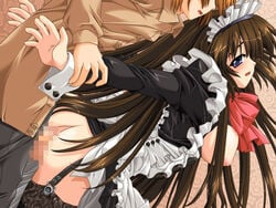 arms_behind_back ass blue_eyes breasts brown_hair censored game_cg garter_belt long_hair looking_back maid nipples penis thighhighs