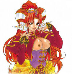 breasts brown_eyes earrings grandia grandia_ii jewelry large_breasts long_hair lowres millenia nail_polish orange_hair photo_shop