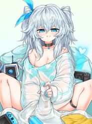 1boy bare_legs bare_shoulders black_choker blue_eyes blue_nails blue_ribbon blush breasts chips choker cleavage commentary_request covered_penis female food girls'_frontline grin hair_between_eyes hair_ribbon heart heart-shaped_pupils heart_necklace heart_print highres jb_ryshamr knees_up long_hair long_sleeves looking_at_viewer m_legs medium_breasts naughty_face nintendo_switch no_bra off-shoulder_shirt off_shoulder pa-15_(girls'_frontline) penis_grab playstation_controller potato_chips ribbon shirt silver_hair smile solo_focus spread_legs straight symbol-shaped_pupils thigh_strap very_long_hair