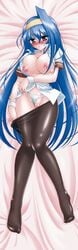 arcana_heart bed blue_hair blush breasts dakimakura highres large_breasts lying pantyhose pussy tsuzura_saki